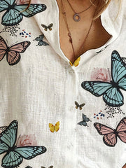 Casual Blouse Women's Plus Butterfly Print Long Sleeve Button Up