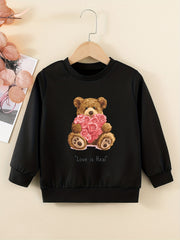 Cartoon Bear And Roses Sweatshirt For Girls Comfy Fit Pullover Tops Youth Kids