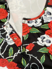 Skull & Rose Print Lounge Romper Long Sleeve V Neck Buttons Women's Loungewear