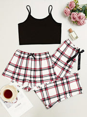 Plaid Print 3-Piece Sleep Set: Cami Top, Bow Shorts, Lounge Pants