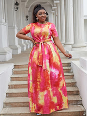 Tie Dye Print Short Sleeve Crop Top & Maxi Skirt Set Plus Size
