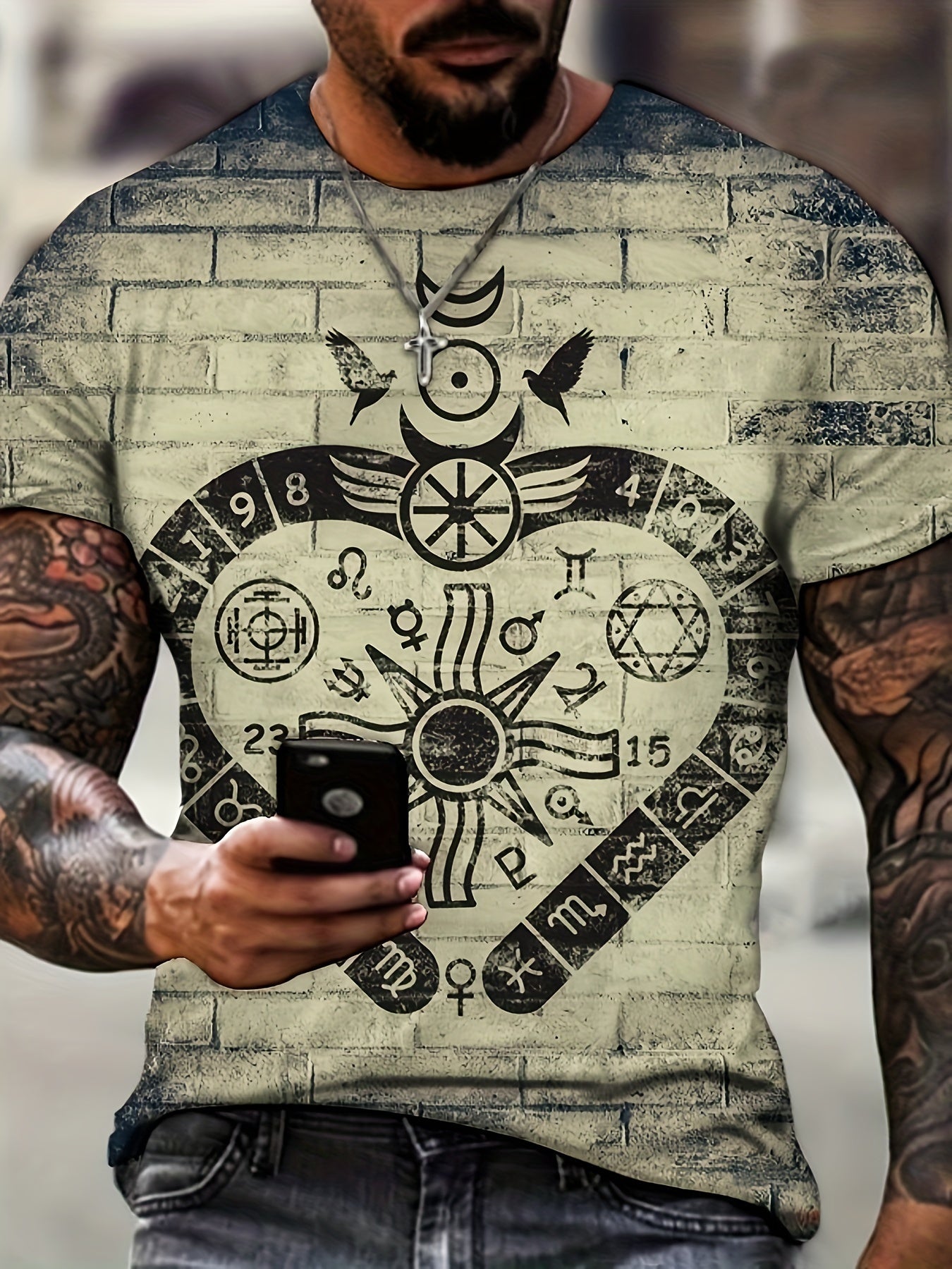 Ethnic Style Heart Brick Print Men's Short Sleeve T-shirt