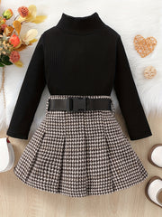 Girl's Ribbed Turtleneck Top & Houndstooth Pleated Skirt Set