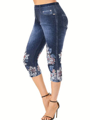 Floral Print Skinny Capris Leggings Casual Crop Leggings