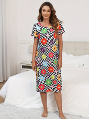 Flower Print Plaid Lounge Dresses & Comfy Short Sleeve Home Dress