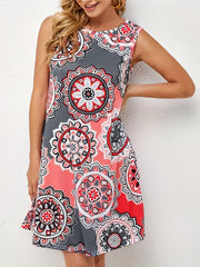 Sunflower Print Summer Dress Crew Neck Sleeveless Casual Dress
