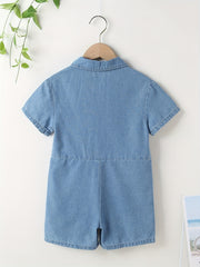 Girls Denim Overall Romper Shorts - Kids Casual Collared Short Sleeve