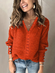 V-Neck Crochet Panel Sweater, Slight Stretch