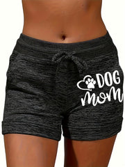 Dog Paw & Letter Print Drawstring Shorts with Pockets