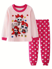Girls Cotton Pajamas Set Cartoon Print Long Sleeve Top Matching Pants