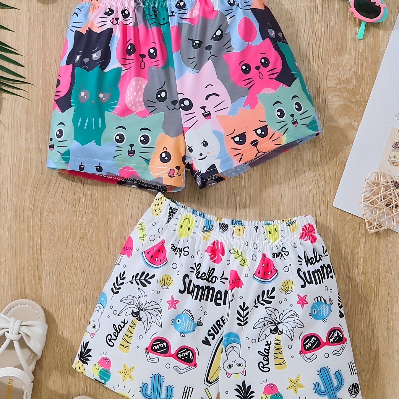 2pcs Toddler Girls Cartoon Cat Elastic Waist Shorts