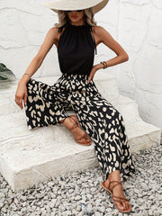 Leopard Print Wide Leg Jumpsuit Drawstring Sleeveless