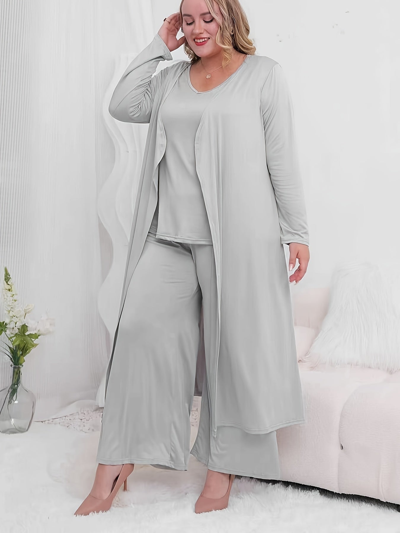 3 Piece Solid Long Sleeve Cardigan & V Neck Top & Wide Leg Pants Set