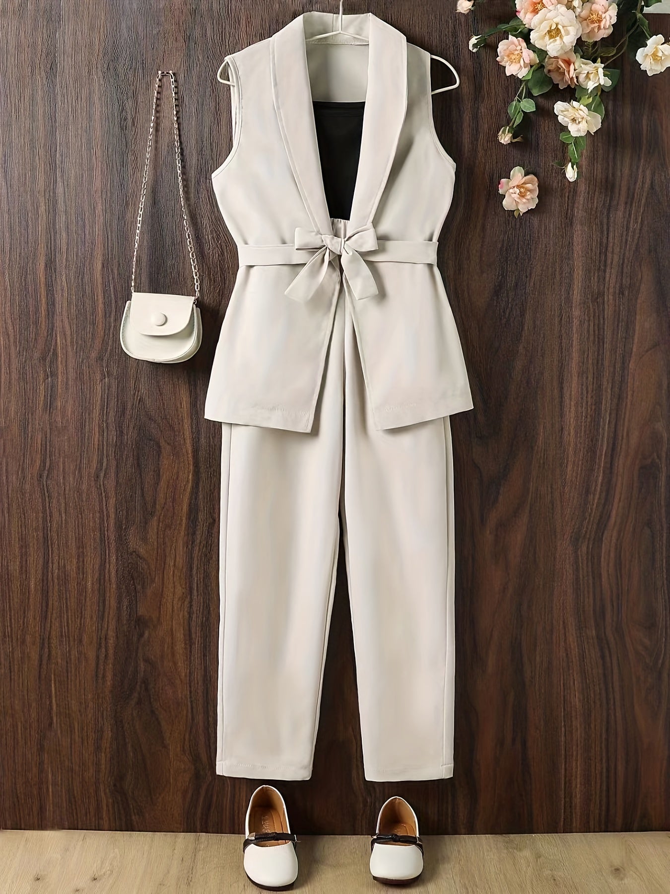 Girls 2pcs Vest With Belt & Elastic Waist Pants Set Solid Sleeveless Blazer