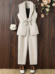 Girls 2pcs Vest With Belt & Elastic Waist Pants Set Solid Sleeveless Blazer