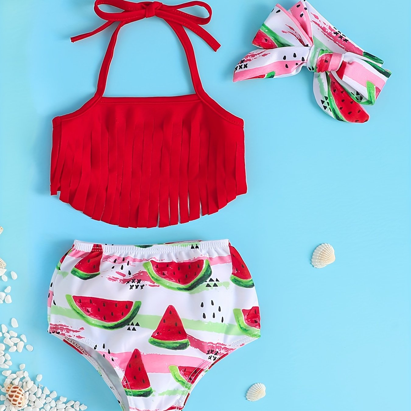 3pcs Baby Girls Halter Top Watermelon Shorts Swimsuit