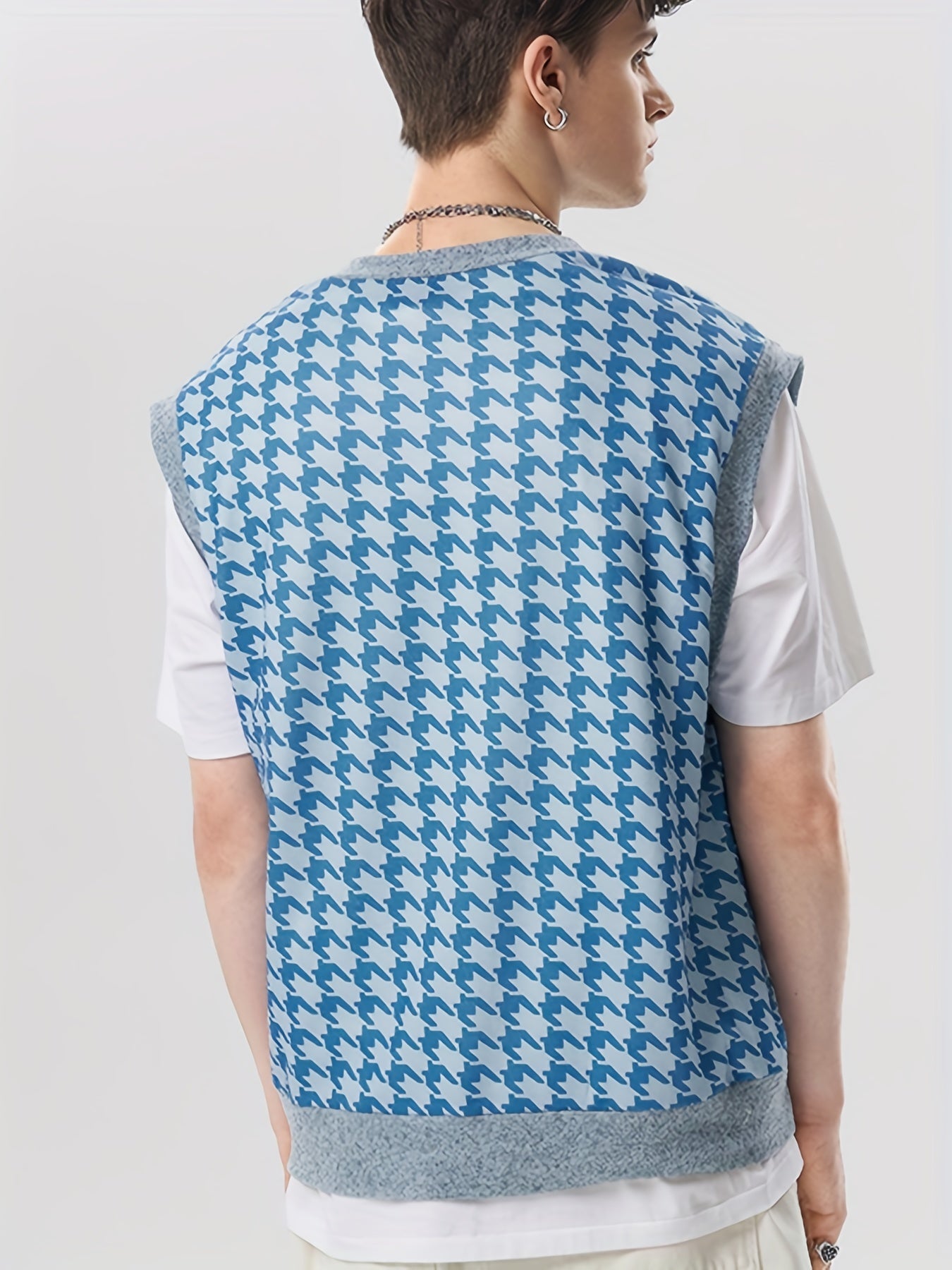 Houndstooth Pattern Vest Men's Casual Vintage Style V Neck Waistcoat