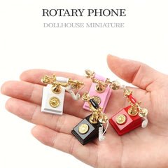 1:12 Scale Retro Metal Rotary Phone Miniatures, Pink/Red with Golden Dial & Hand
