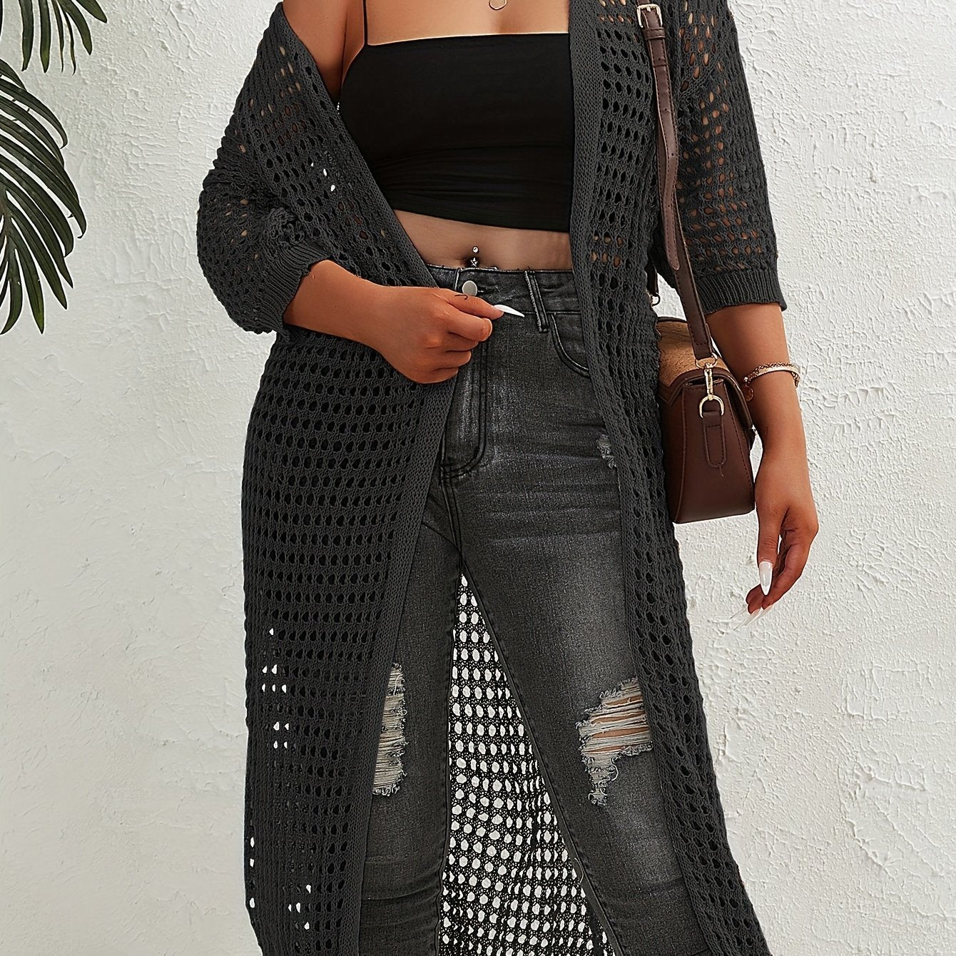 Solid Hollow Out Long Sleeve Open Front Cardigan