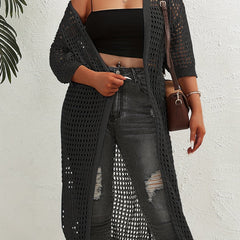 Solid Hollow Out Long Sleeve Open Front Cardigan