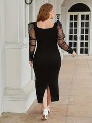 Party Dress Women's Plus Contrast Mesh Puff Sleeve Prom Dress