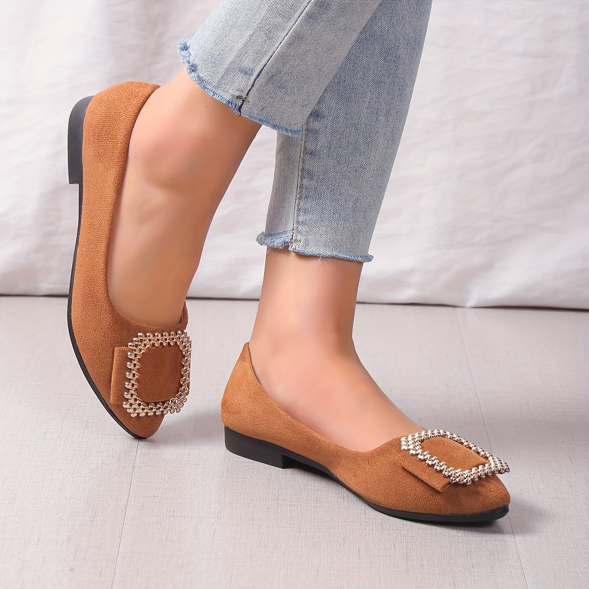 Women's Bow Ballet Flats Square Rhinestone Slip On Shoes