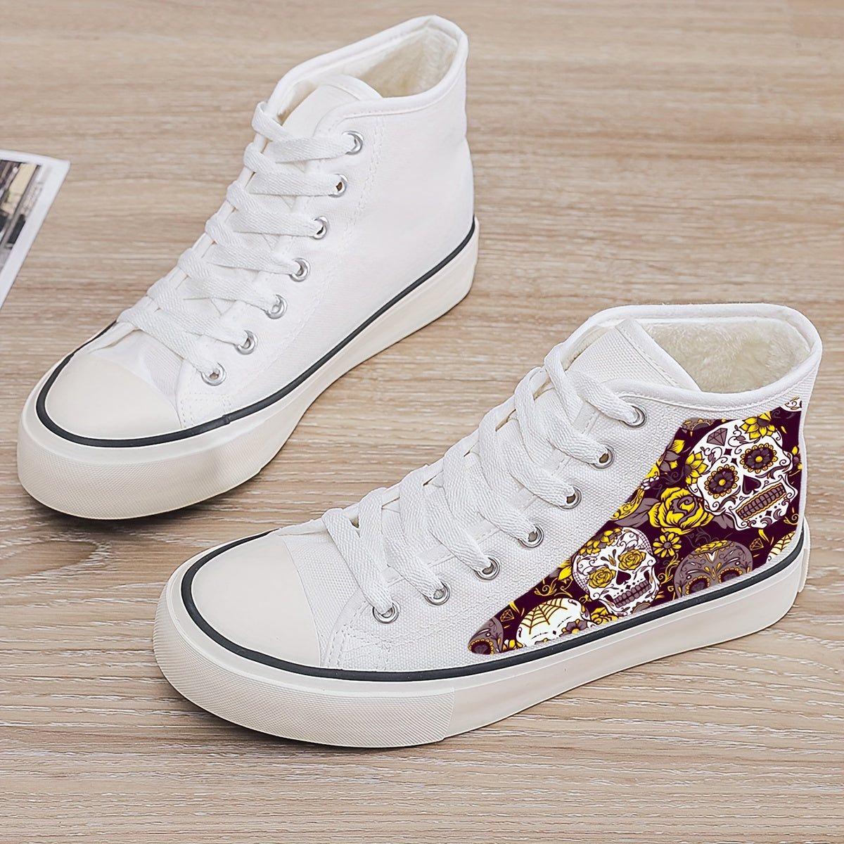 Skull Print Plush Lined Thermal Chunky Canvas Sneakers