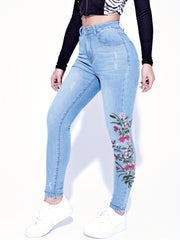 Floral Embroidery Ripped Skinny Jeans High Waist Stretchy Slim
