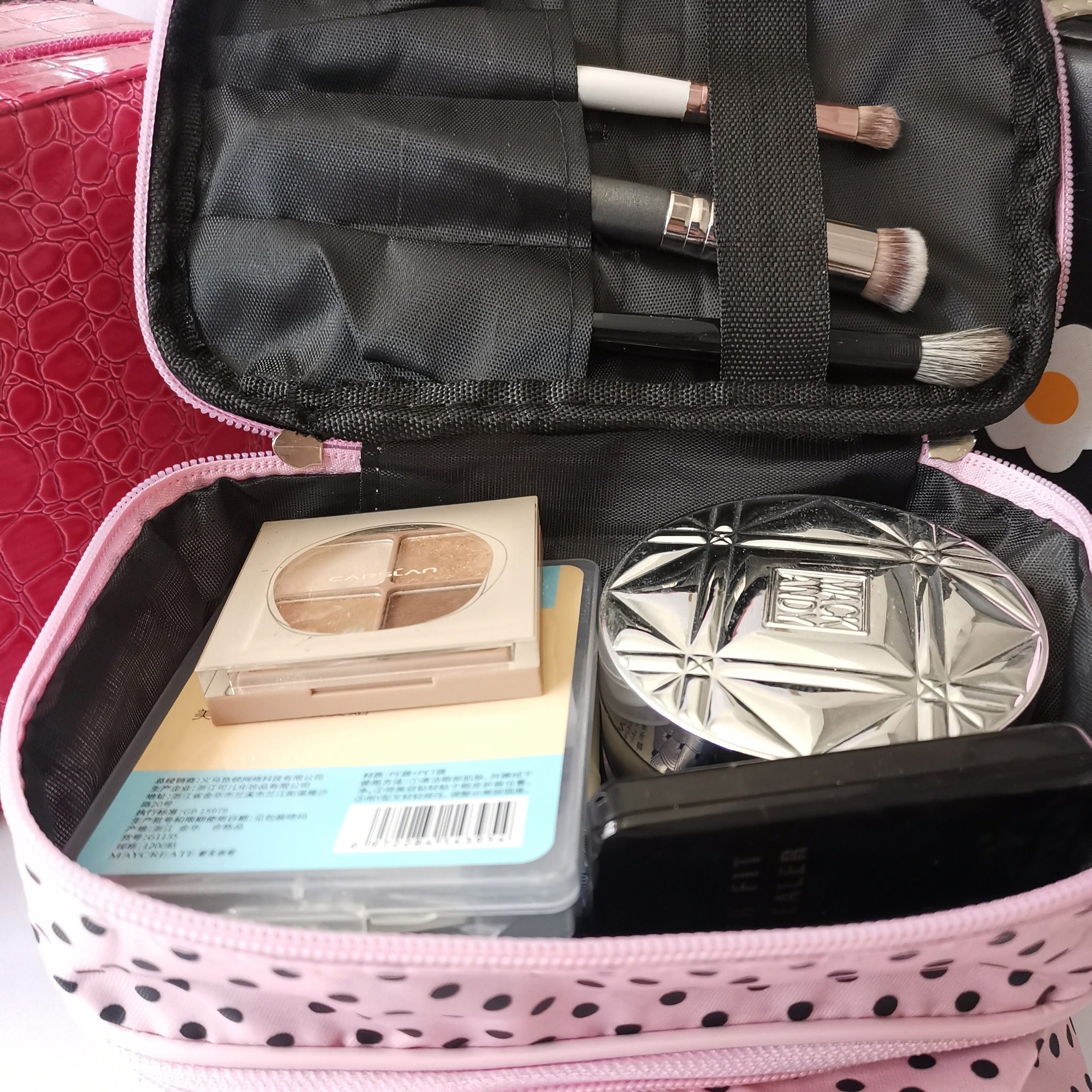 Double Layer Makeup Case Travel Toiletry Pouch Bag Pink Polka Dot
