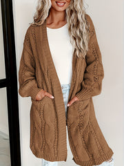 Solid Cable Knit Open Front Cardigan With Pockets
