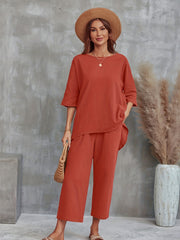 Casual 2pc Set Crew Neck Tee & Wide Leg Pants Women's Clothing