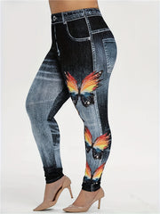 Butterfly Print Faux Denim Sports Leggings High Stretch Workout Tight Pants