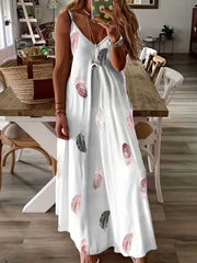 Feather Print V Neck Maxi Cami Dress