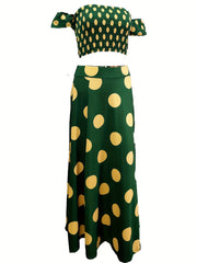 Polka Dot Sexy Off Shoulder Crop Tube Top & High Waist Split Thigh