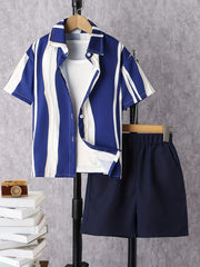 Boys Casual Striped Shirt&Shorts Set, Summer Kids Clothing