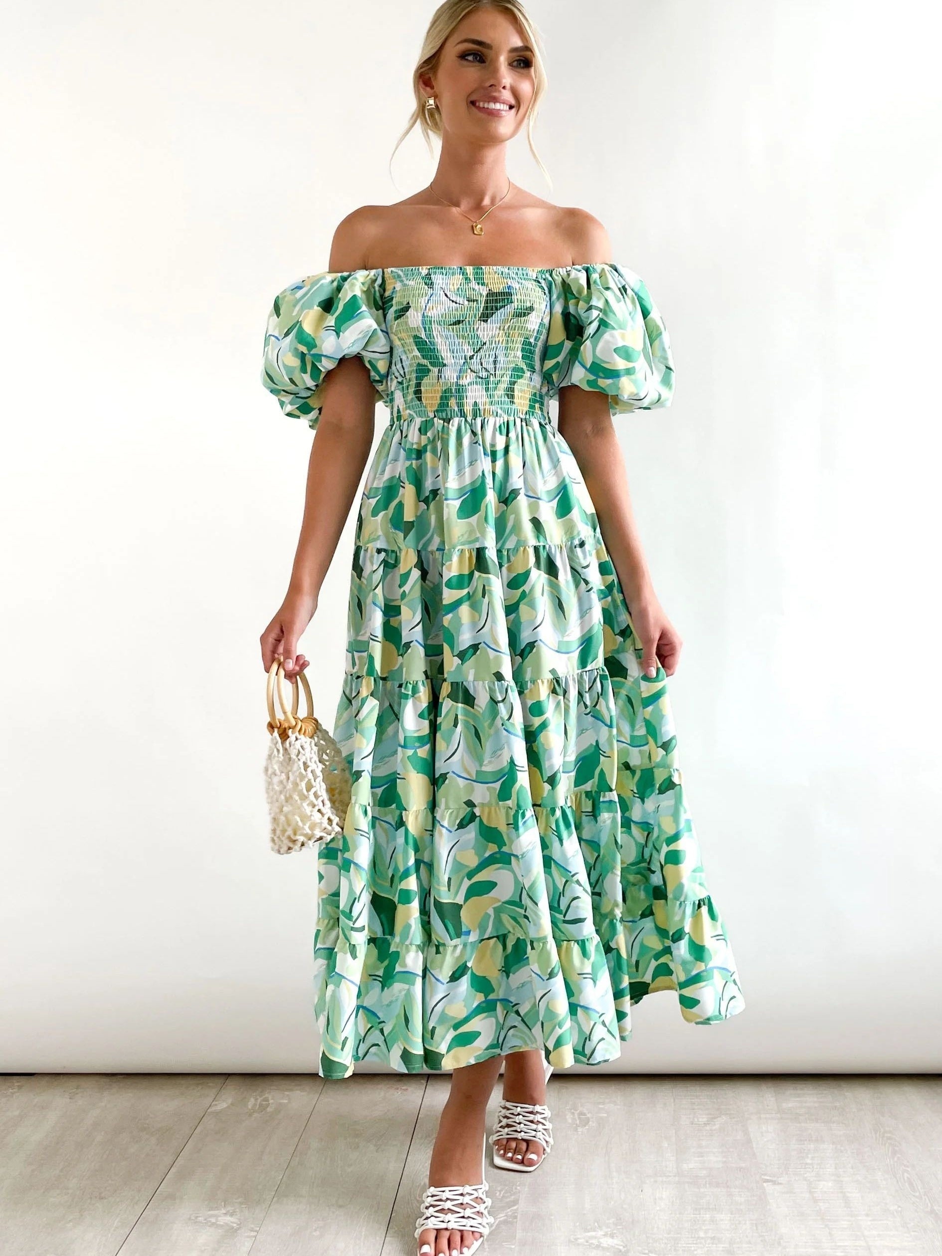 Floral Print Boho Maxi Dress Puff Sleeve Tiered