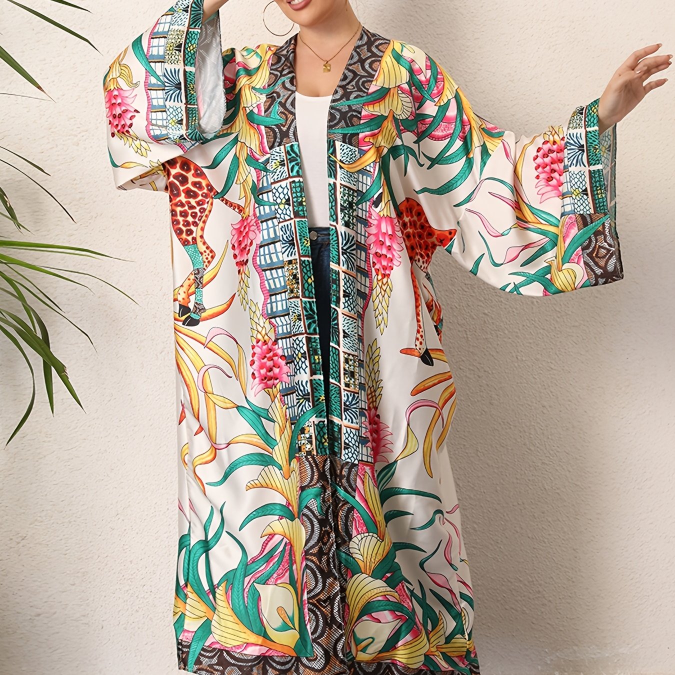 Boho Kimono Women's Plus Tribal Print Long Sleeve