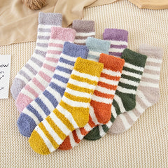 6 Pairs Striped Print Fuzzy Socks Comfy & Warm Mid Tube Socks