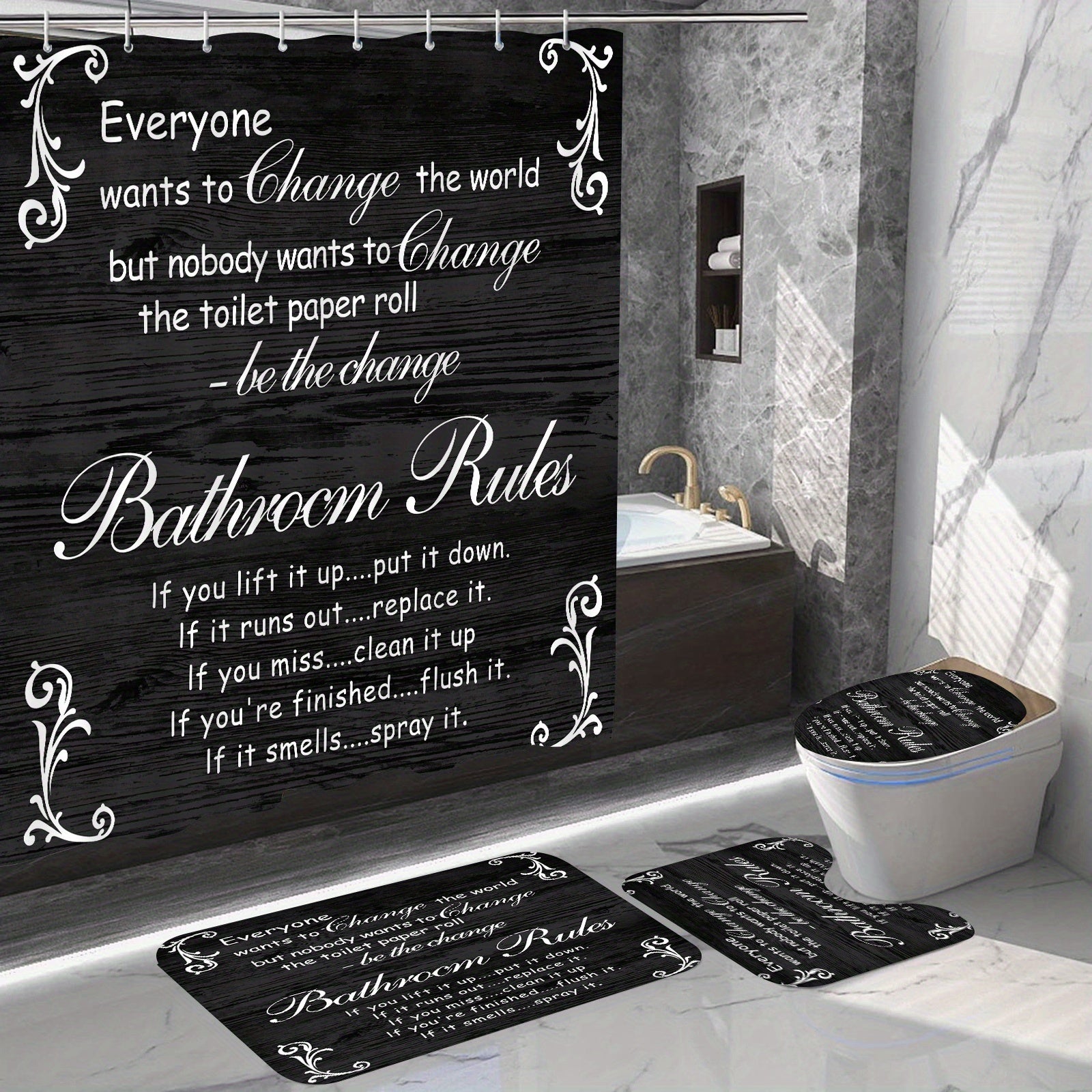Bathroom Rules Shower Curtain Set with 4 Pieces