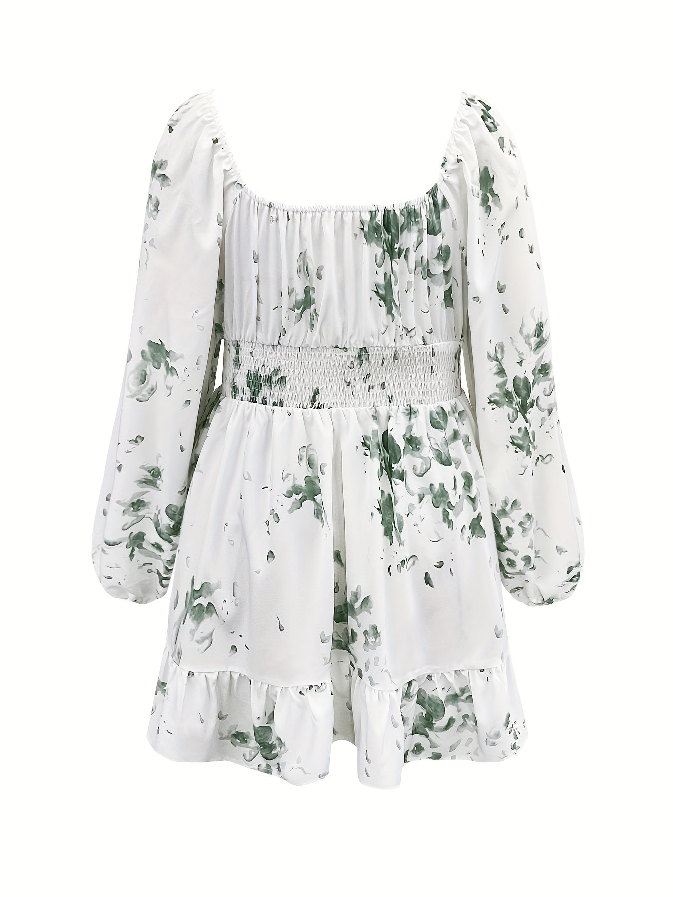 Floral Print Lantern Sleeve Waist Ruffle Trim Pleated Dress