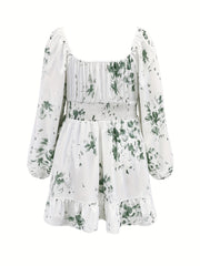 Floral Print Lantern Sleeve Waist Ruffle Trim Pleated Dress