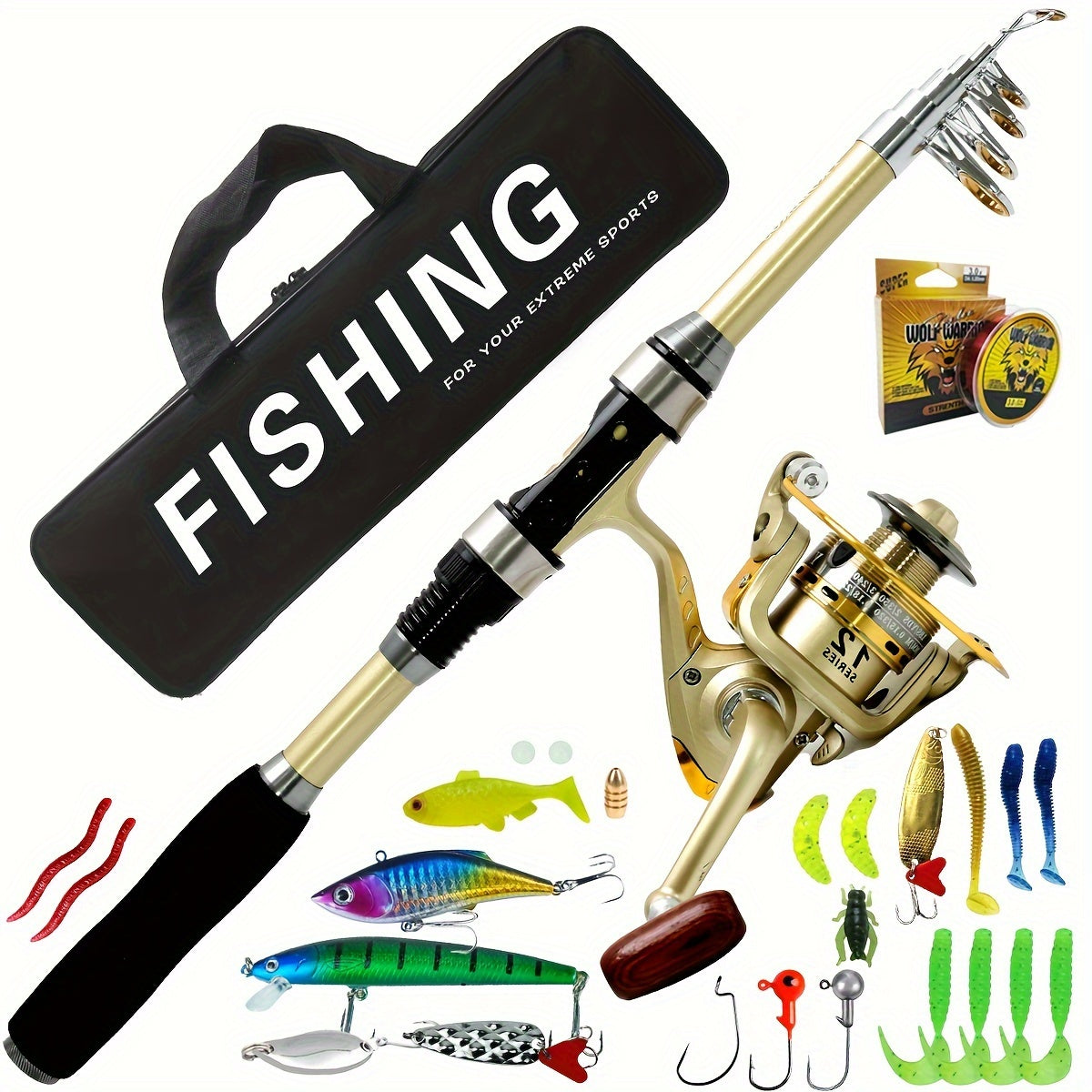 8M Golden Fishing Rod And Spinning Reel Set with Storage Bag