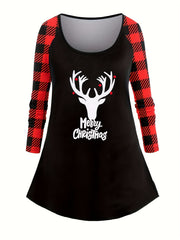 Elk & Plaid Print Top & Leggings Outfits Set