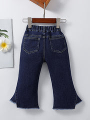 Girls Winter Flared Denim Jeans with Flower and Elastic Waist