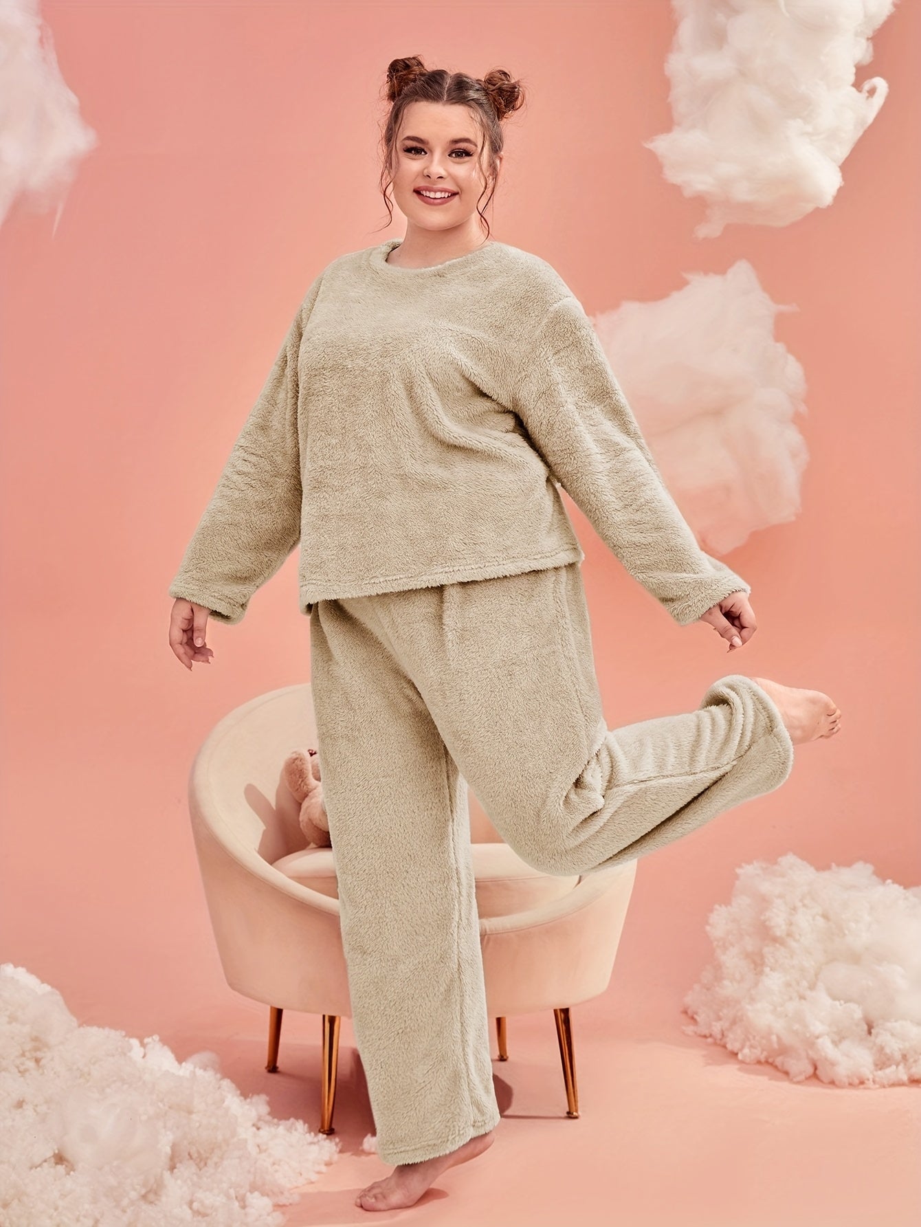 Fleece Pajamas Set Soft Top & Pants Winter Home Wear