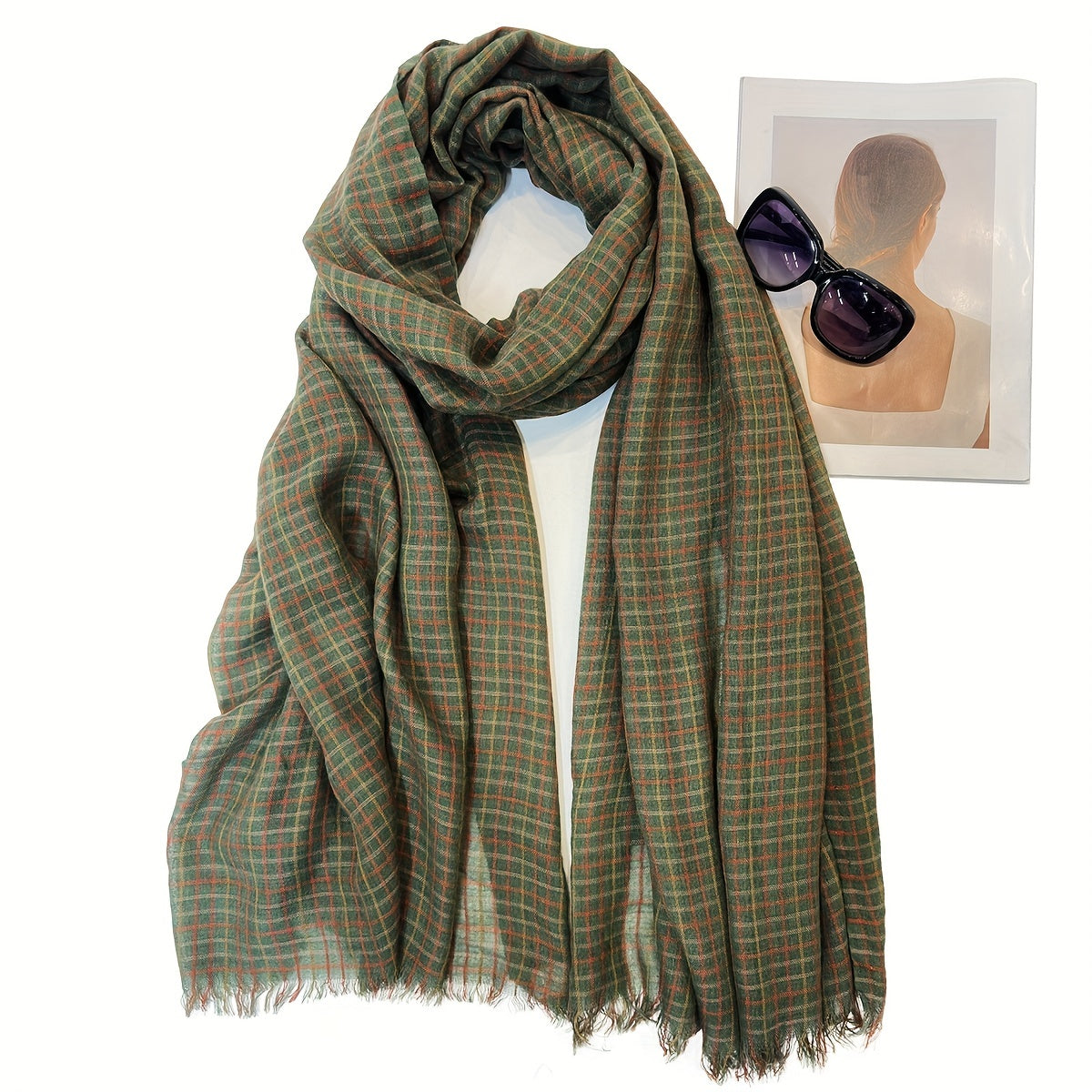 Plaid Pattern Scarf Vintage Frayed Edge Shawl Windproof Head Wrap