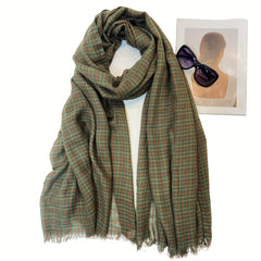 Plaid Pattern Scarf Vintage Frayed Edge Shawl Windproof Head Wrap