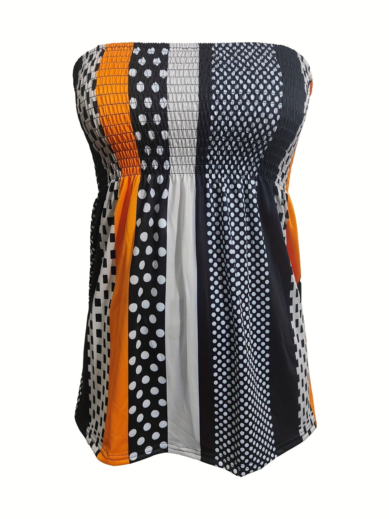 Colorblock Shirred Tube Top Geometric Print Sleeveless Top