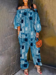 Patchwork Print Off Shoulder Jumpsuit