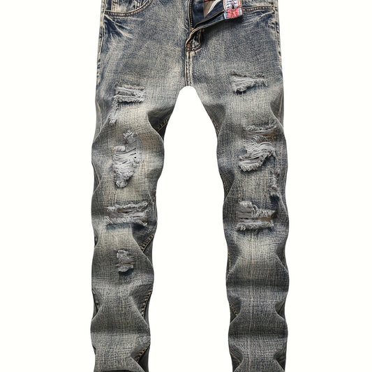 Vintage Slim Fit Ripped Jeans Mens Street Style Distressed Denim Pants